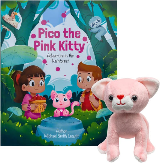 Pico the Pink Kitty - Adventure in the Rainforest- Children's Book & Stuffed Pink Kitty Plushie Set - Eye-Catching Full Color Illustrations - Kitty Stuffed Animal & Kids Book Bundle For Ages 3-8 Years