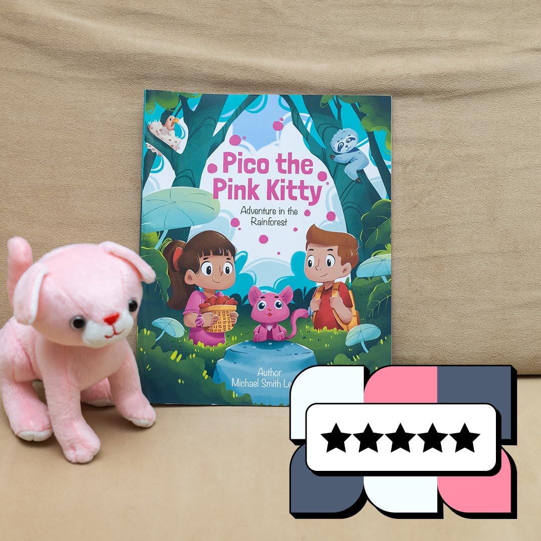 Pico the Pink Kitty - Adventure in the Rainforest- Children's Book & Stuffed Pink Kitty Plushie Set - Eye-Catching Full Color Illustrations - Kitty Stuffed Animal & Kids Book Bundle For Ages 3-8 Years