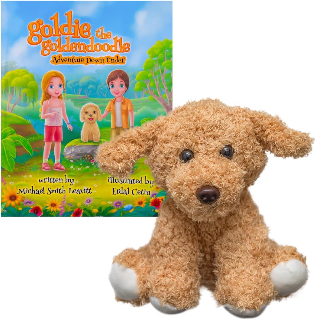 Goldie The Goldendoodle Adventure Down Under - Children's Book & Stuffed Dog Plushie Set - Eye-Catching Full Color Illustrations - Dog Stuffed Animal & Kids Book Bundle for Ages 3-8 Years